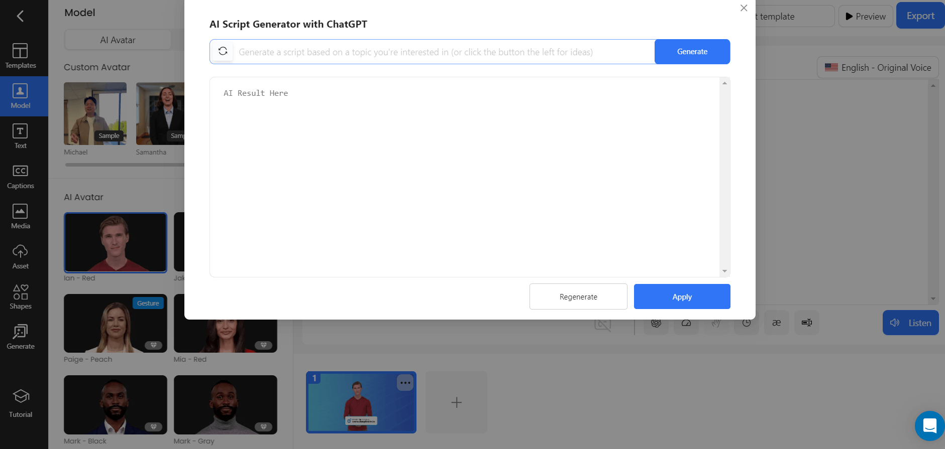 Screenshot of ChatGPT prompt to generate script to be used by the AI avatar