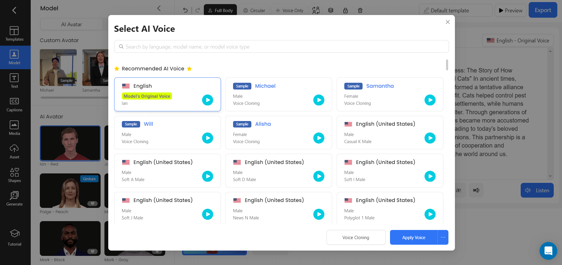 Screenshot of AI voice options in different languages and accents for the AI avatar