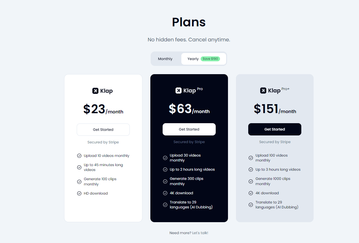 Comparison of Klap video editor's monthly subscription plans.