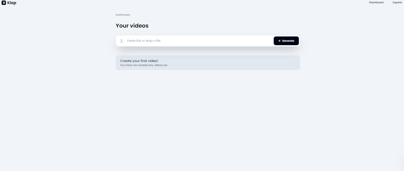 Klap's video editing dashboard showing a simple interface where you can upload your video.