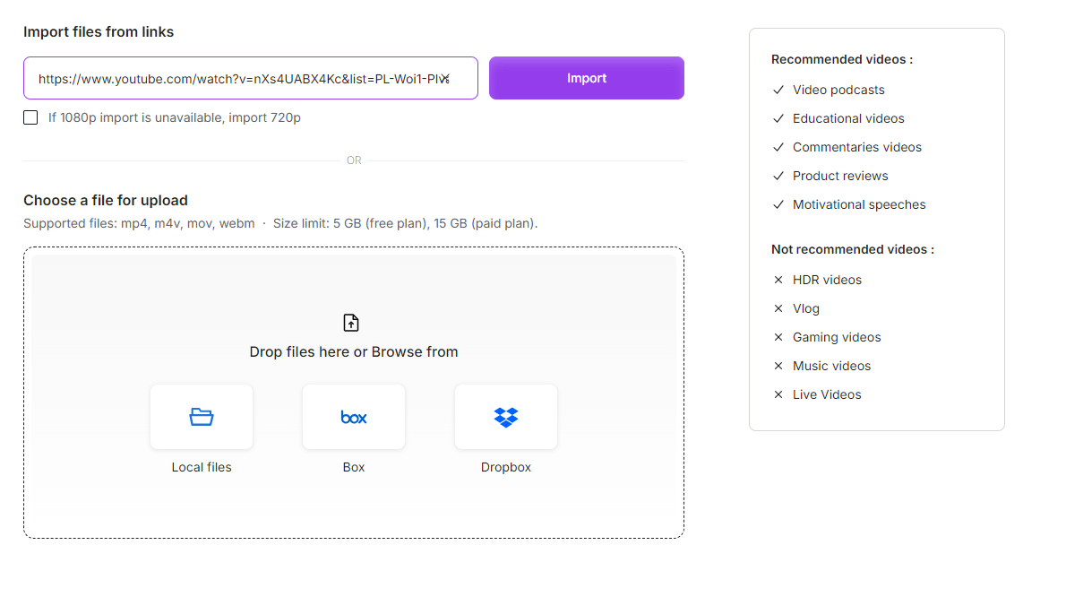 Interface showing how to import a video file using a URL link.