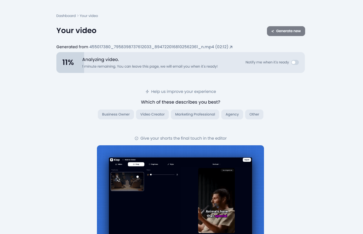 Klap video editor analyzing an uploaded video for editing.