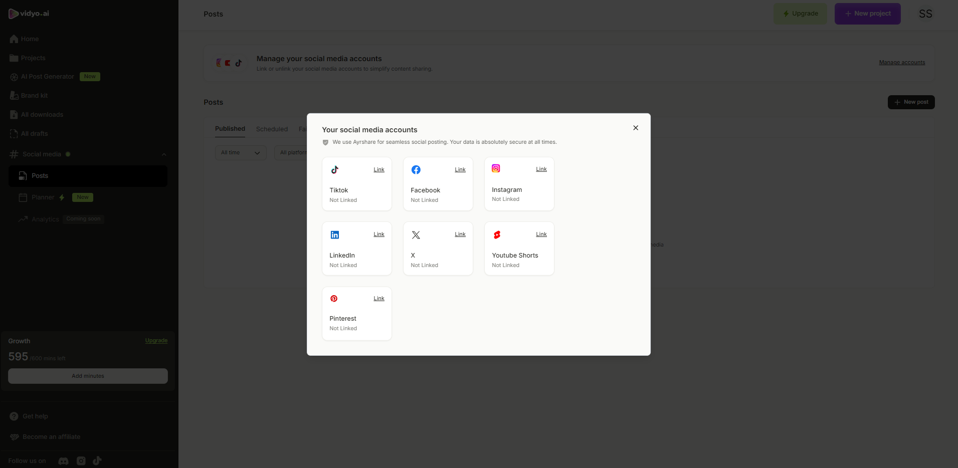 Dashboard interface showing options to connect and manage various social media platforms.